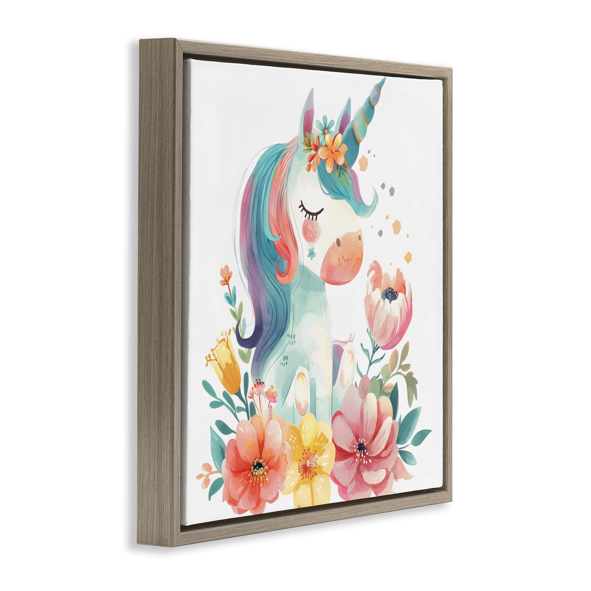 Stupell Industries Whimsical Unicorn with Blossoms Brown Framed Floater Canvas Wall Art, design by Creative Studio