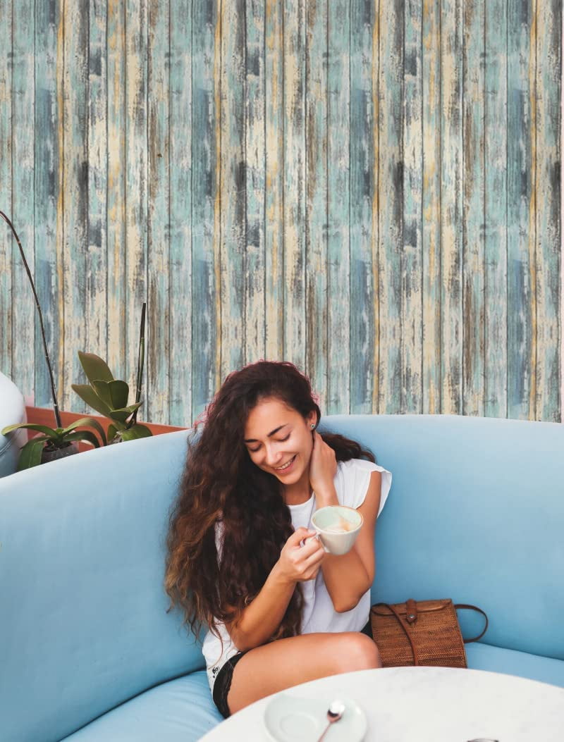 Wood Contact Paper - 15.7"x236" Self-Adhesive and Removable Wood Wallpaper Peel and Stick - Blue Distressed Wood Grain Contact Paper for Cabinets - Waterproof Stick on Wall Paper