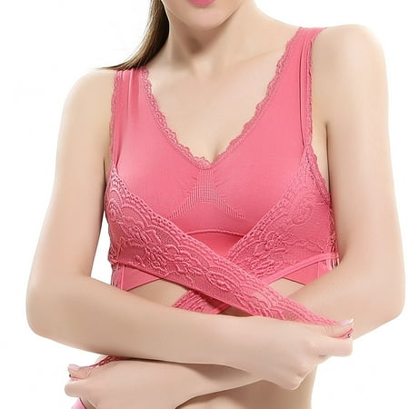 

LoyisViDion Womans Shirts Clearance Ladies Plain Color Front Cross Side Lace Sports Bra Full Cup Bra Vest Tops Pink 8(XL)