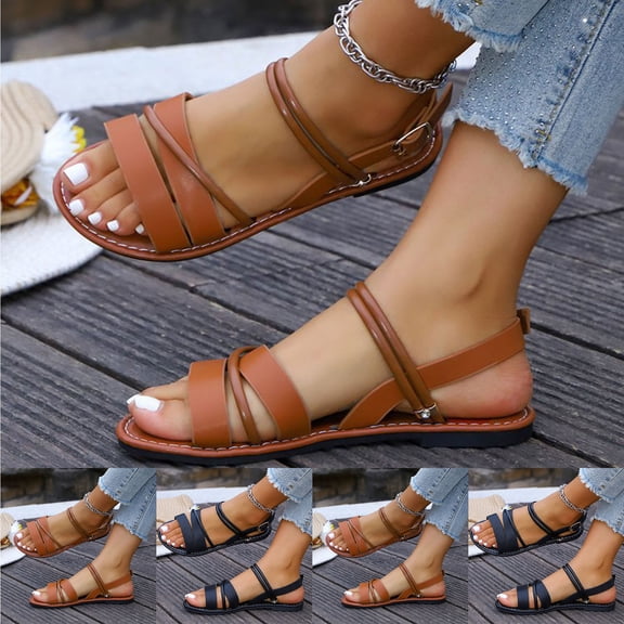 Womens Sandals Flat Heel Open Toe Summer Daily Shoes Fashion Casual Wrap-Around Straps Fashionable Summer Fall Style Fashion Casual Flat Sandals