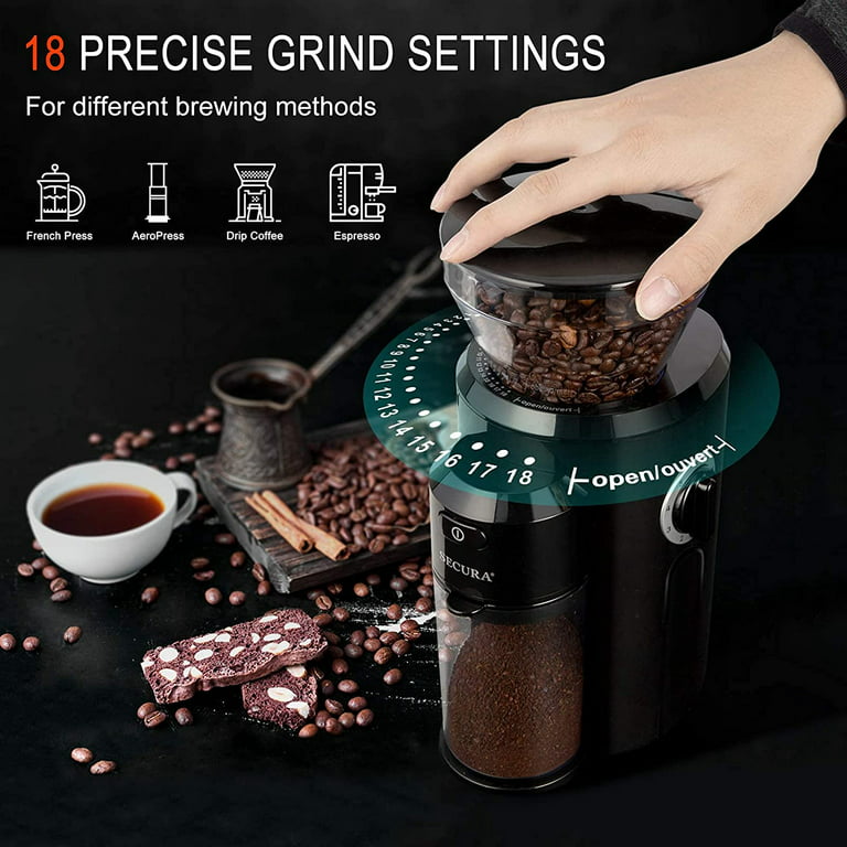 Secura Burr Coffee Grinder, Conical Burr Mill Grinder with 18 Grind Settings  from Ultra-fine to Coarse, Electric Coffee Grinder for French Press,  Percolator, Drip, American and Turkish Coffee Makers - The Secura