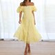 thumbnail image 1 of Vestido de verano liso para mujer, ropa de fiesta, elegante, con mangas abullonadas, de retazos, con hombros descubiertos, informal, holgada, 1 of 4
