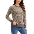 thumbnail image 4 of Suéter de punto a rayas para mujer ATHLECHIC, cuello redondo, holgado, con aberturas laterales, parte superior de otoño, atuendos casuales, XL color café-blanco, 4 of 5