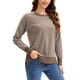 thumbnail image 4 of Suéter de punto a rayas para mujer ATHLECHIC, cuello redondo, holgado, con aberturas laterales, tops casuales de otoño, M café-blanco, 4 of 5