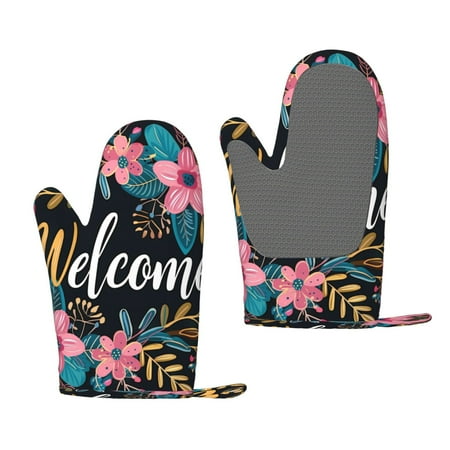 

Zufioo Floral Welcome Sign Print Silicone Anti-Scalding Gloves Kitchen Hanging Rope Gloves Kitchen Utensils Suitable for Barbecue Baking Cooking