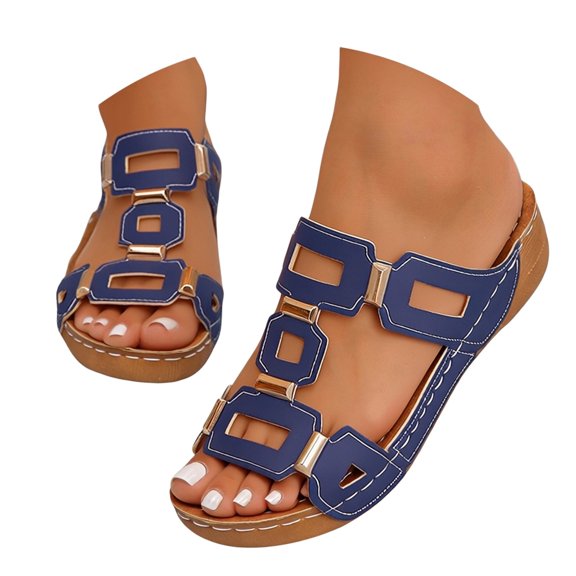 Otqutp Womens Wedge Sandals Geometric Cutout Decorative Straps Open Toe Casual Shoes Summer Non-Slip Beach Hiking Slippers