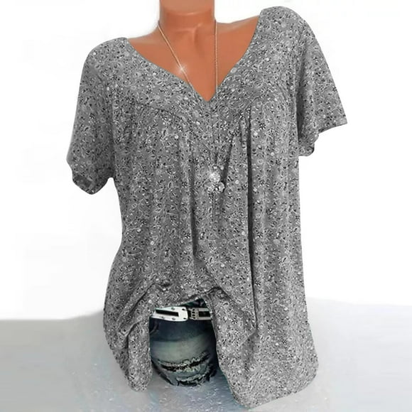 Dianli Fall Savings Womens Tops Dressy Casual Plus Size Fashion Pleated Swing Comfy Breathable Tunic Shirts Short Sleeve V-Neck Tops Floral Print Summer Blouse Deals up to 70% off Gray XXXXL