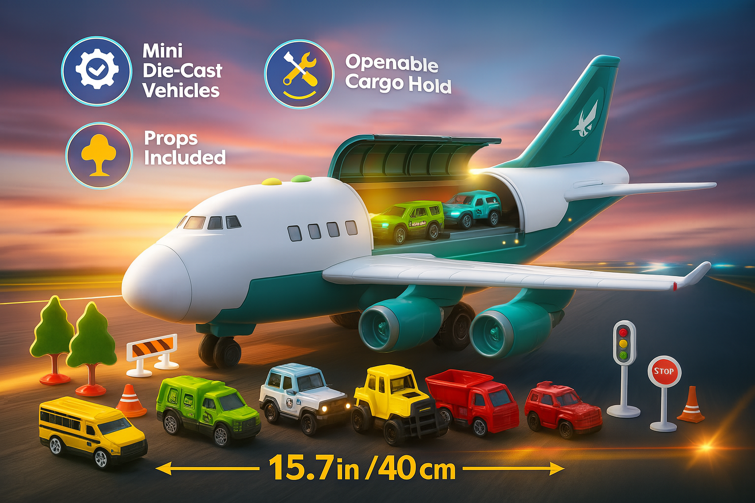 JoyX Airplane & Car Toy Educational Set for Kids – Interactive Play with Lights, Sounds & Road Signs