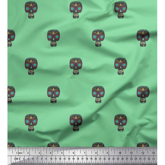 Soimoi Green Poly Georgette Fabric Tribal Skull Printed Fabric 1 Yard 42 Inch Wide