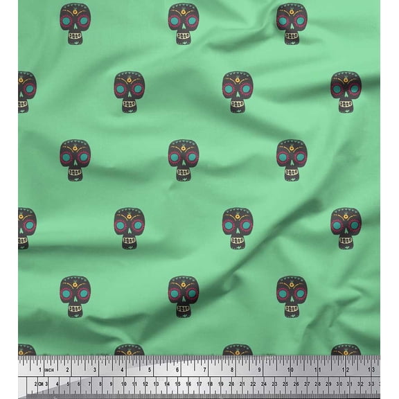 Soimoi Green Cotton Voile Fabric Tribal Skull Print Sewing Fabric Yard 42 Inch Wide