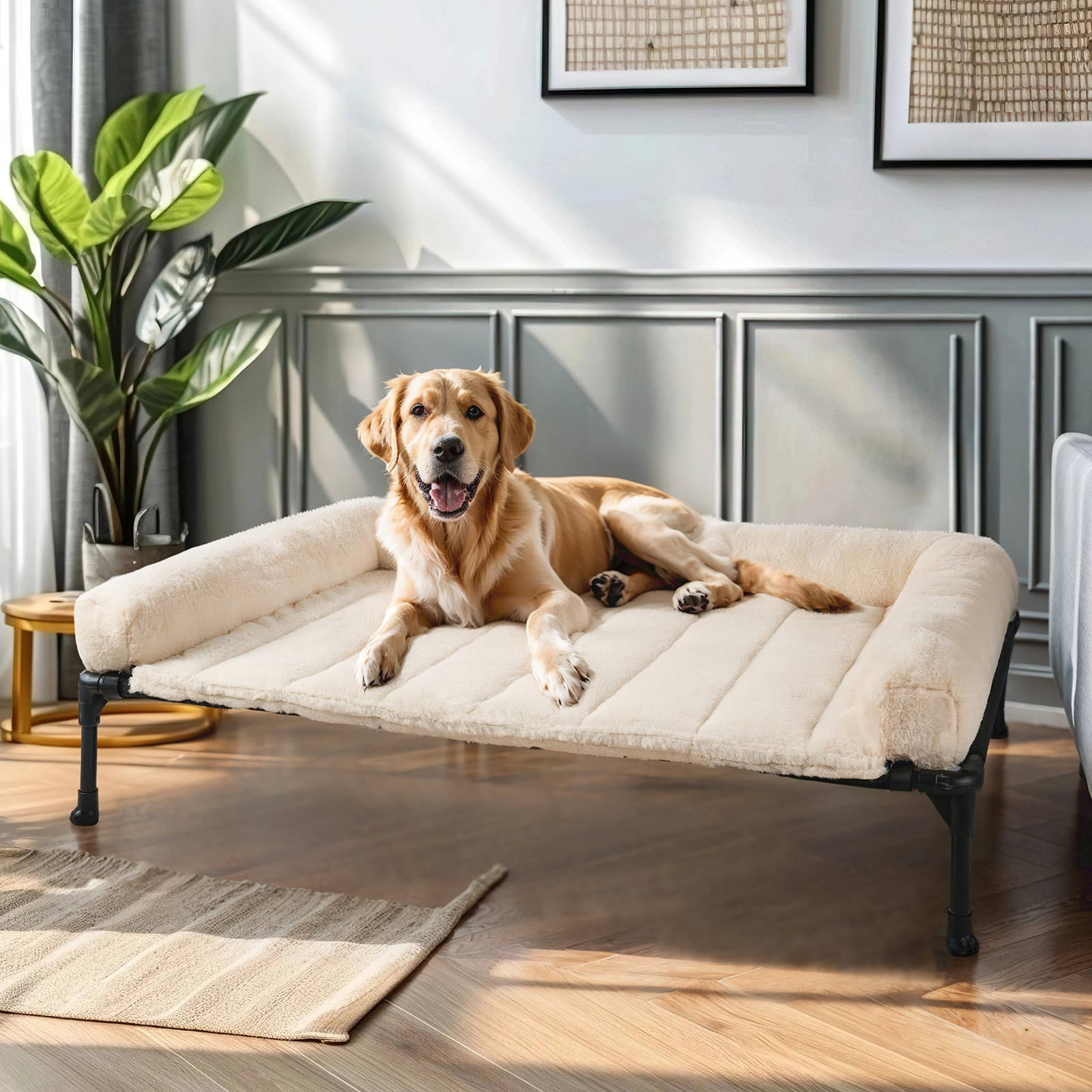 Veehoo Cooling Elevated Dog Bed with Fluffy Plush Bolster Cushion, 42 x 30 inches, Cream White
