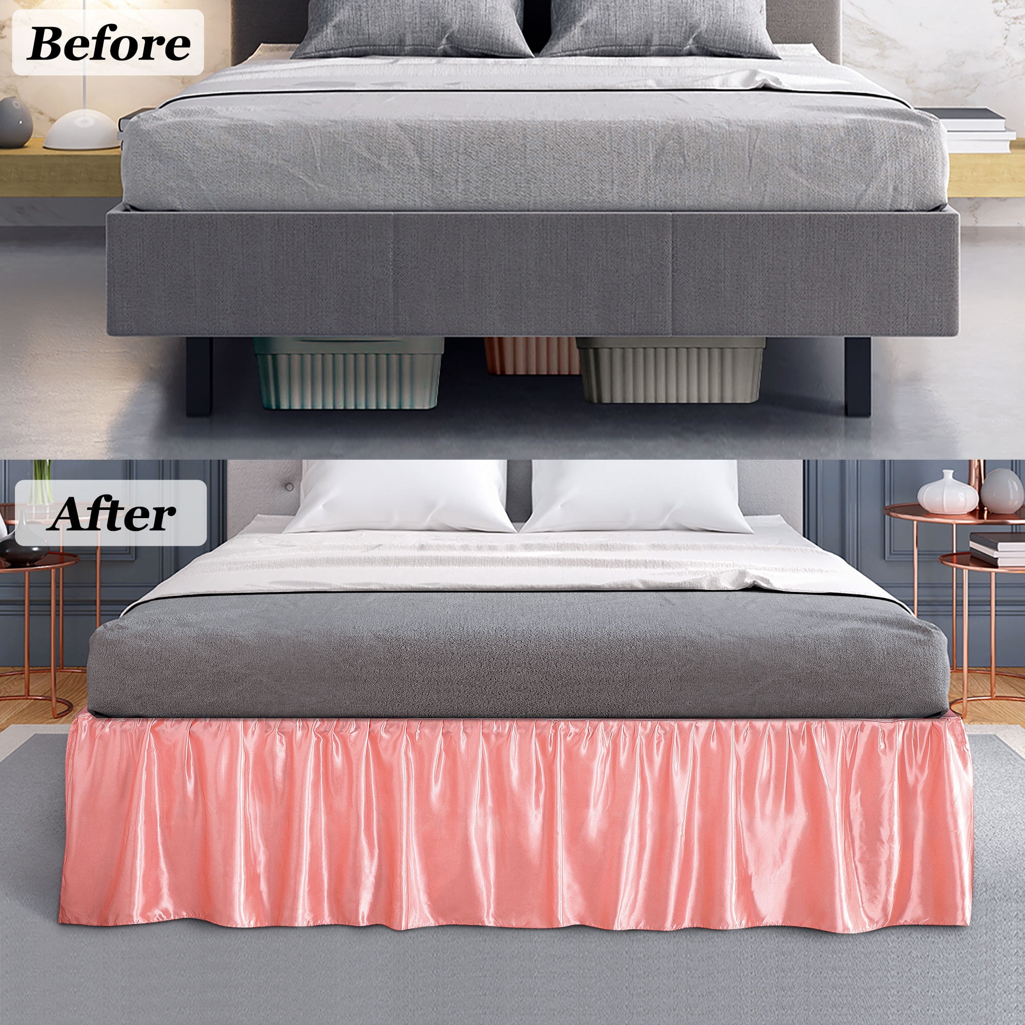 PiccoCasa Satin Silk Wrap Around Bed Skirt Dust Ruffle 18" Drop, King Coral Pink