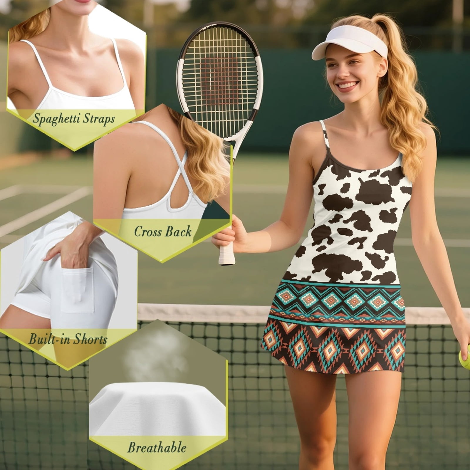 Yuyamidu Brown Cow Print Womens Tennis Dress, 2 PCS Aztec Tribal Golf Workout Dress with Shorts, Casual Spaghetti Strap Athletic Dresses Size L