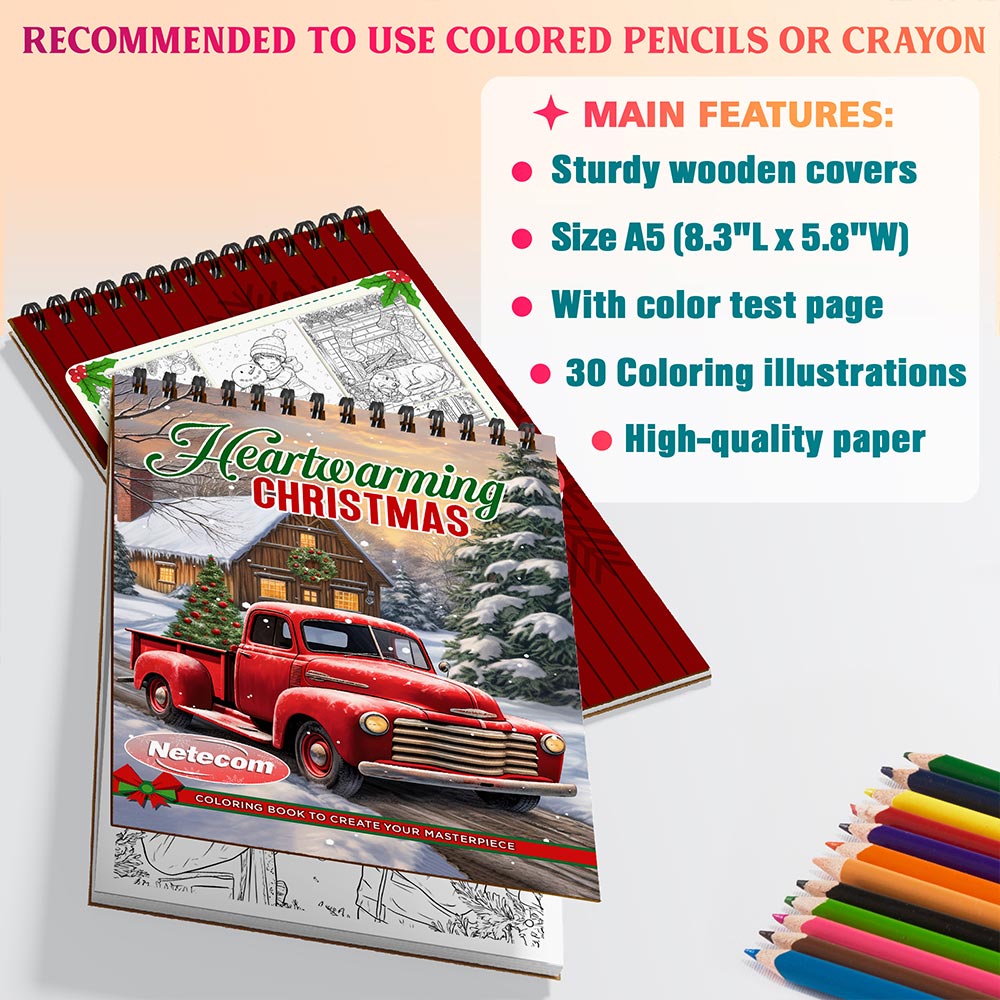 Netecom Heartwarming Christmas Coloring Book Spiral Bound For Adults, A5 Wooden Cover, 30 Enchanting Coloring Pages of Christmas Traditions for Stress Relief and Relaxation
