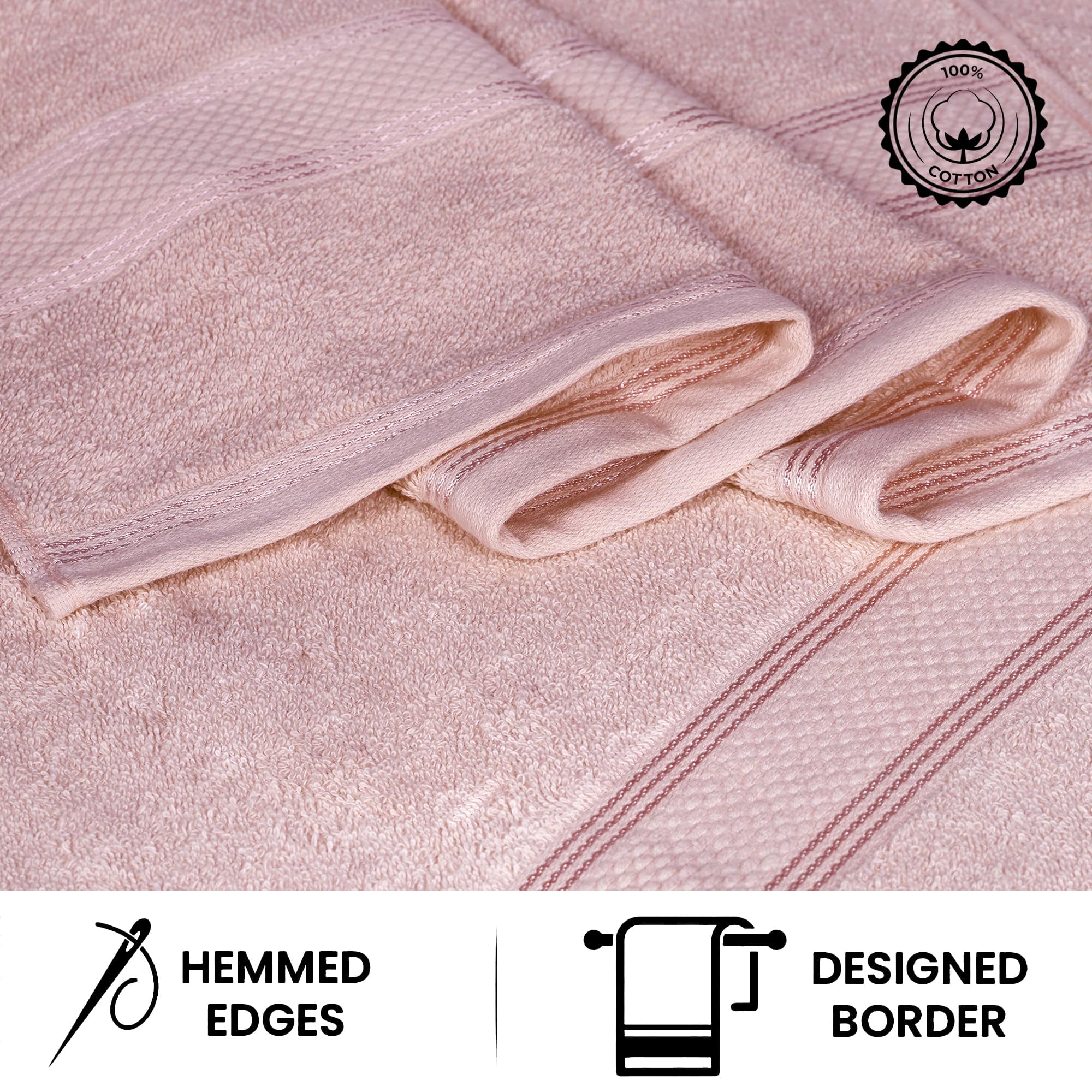 Casa Lino 8Pc Premium Bath Towel Set (2 Bath Towels, 4 Washcloths, 2 Hand Towels) - 100% Cotton, 400GSM & Ultra Absorbent (Blush)