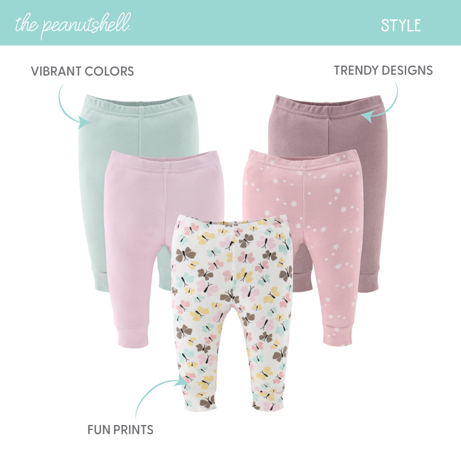 The Peanutshell Baby Girl Pants, Cotton Pull On Pants for 18-24 Months Old, Butterfly Kisses, 5-Pack