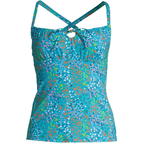 Lands' End Women Chlorine Resistant Tie Front Underwire Tankini Top Turquoise Mini Floral Regular 12