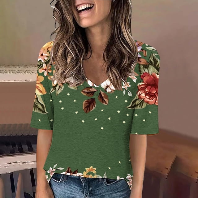 Blouses pour Femmes, Mode Décontractée Imprimée à Manches Courtes Col en V T-Shirt Yop