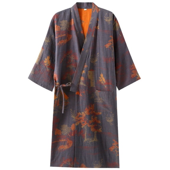 Jiibva Japanese Style Printed Jacquard Robe Breathable Soft Bathrobes Lightweight Loungewear Classic Nightwear with Pockets for Men
