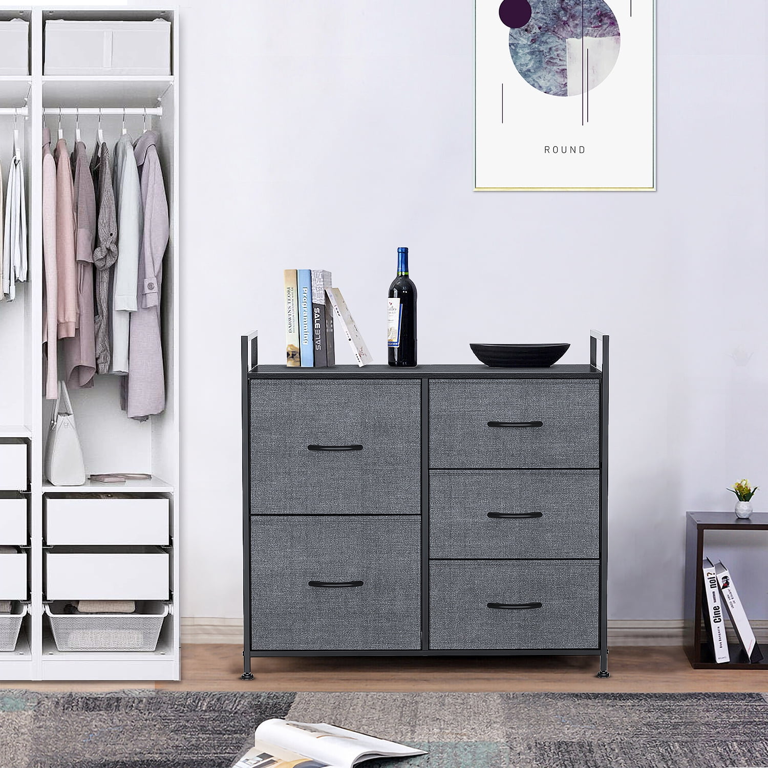 5-Drawer Plastic Storage Tower Organizer with Fabric Bins & Sturdy Metal Frame - Compact Space-Saving Design for Bedroom, Closet, Living Room