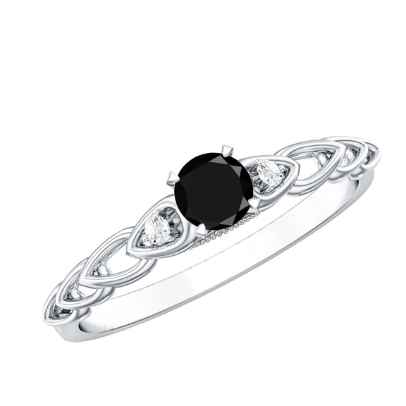 Rosec Jewels Black Spinel Promise Ring with Diamond Side Stones (AAA Grade), 925 Sterling Silver, US 4.00