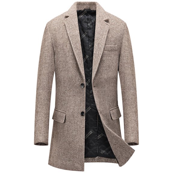 HOOMEUMY Men's Herringbone Wool Blend Overcoat Winter Warm Long Trench Coat Business Jacket with Pockets Khaki L