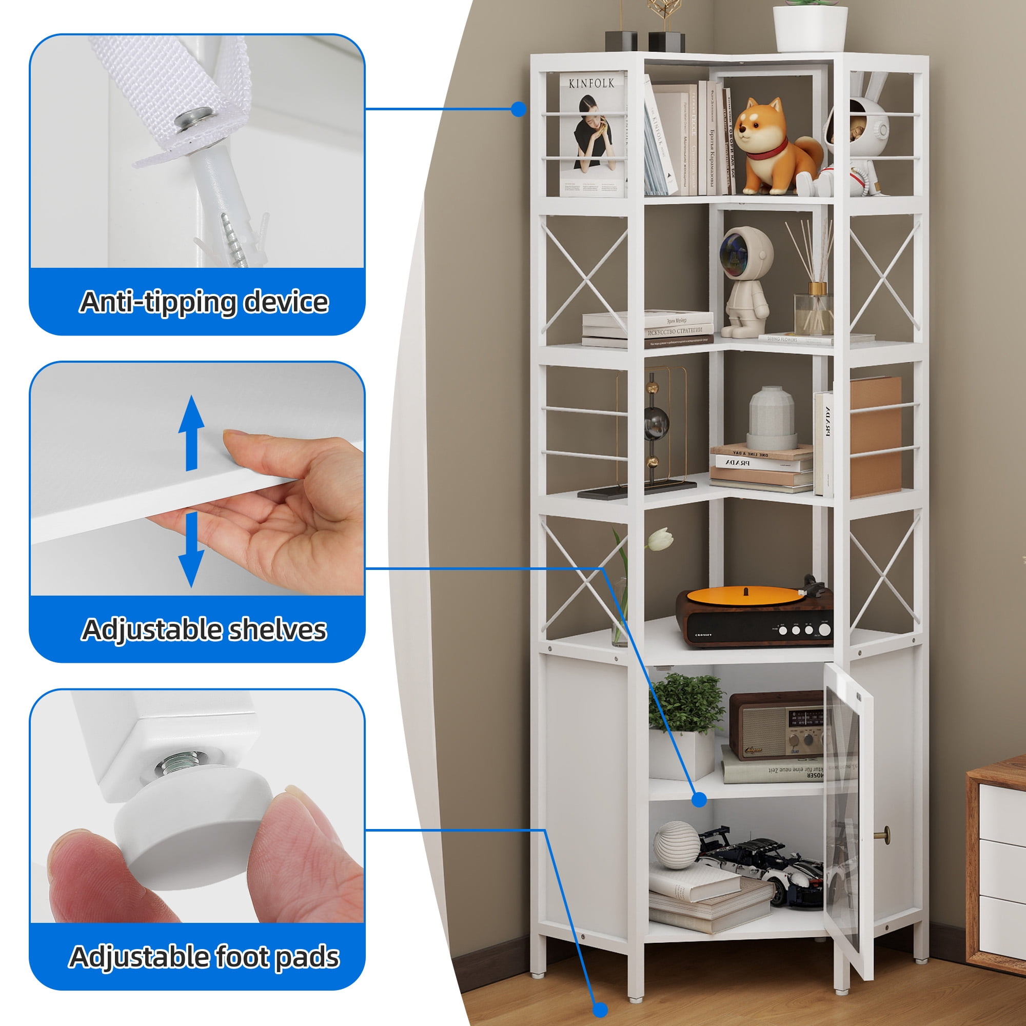 Uforic 7 Shelf Bookcase with Door, Corner Bookshelf with Storage, Standing Storage Cabinet Corner Display Shelf for Living Room, Home Office, White
