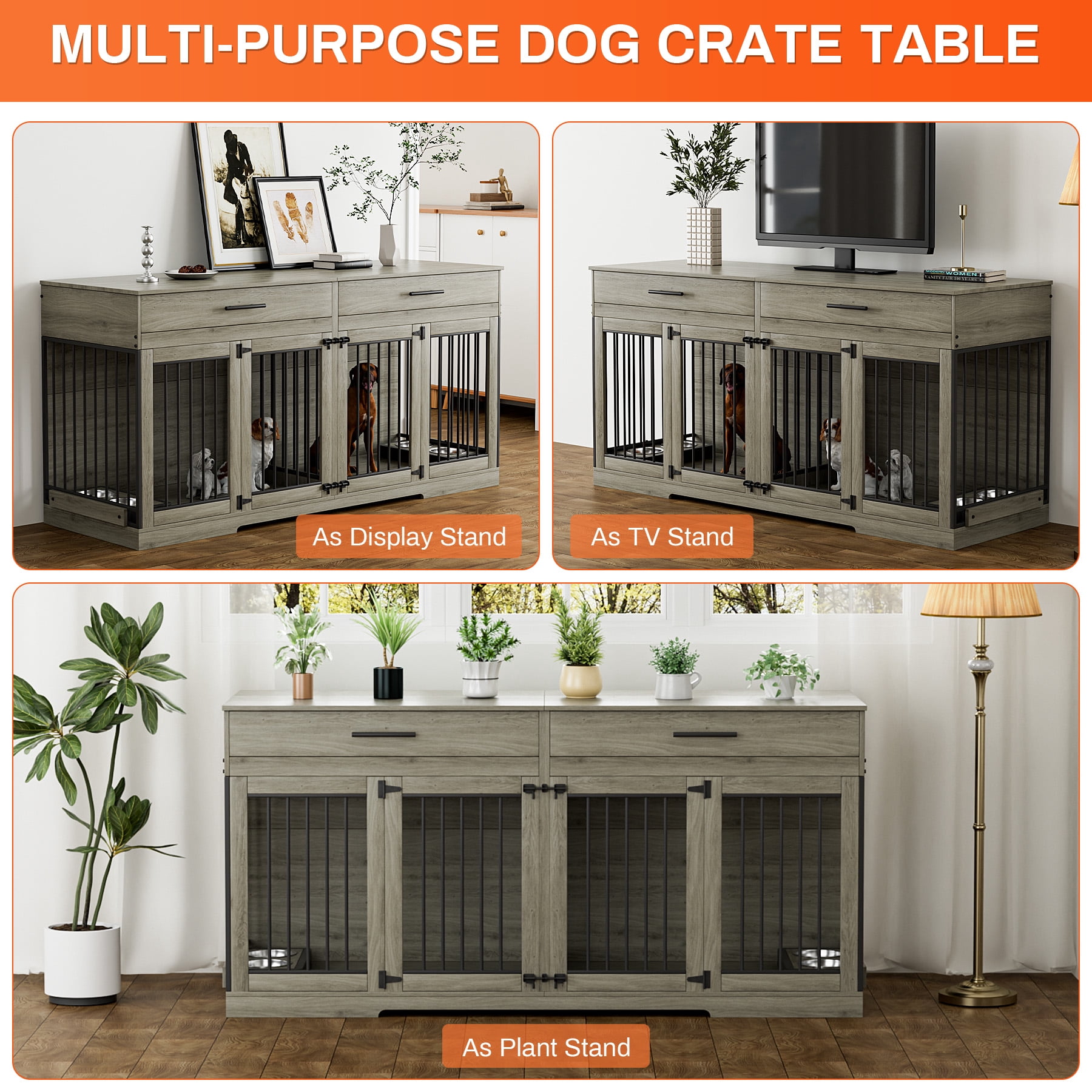 Rophefx 72" Dog Crate Furniture for 2 Dogs,Large Kennel with 2 Drawers and 4 Bowls,Wooden Heavy Duty Indoor Dog House,Grey