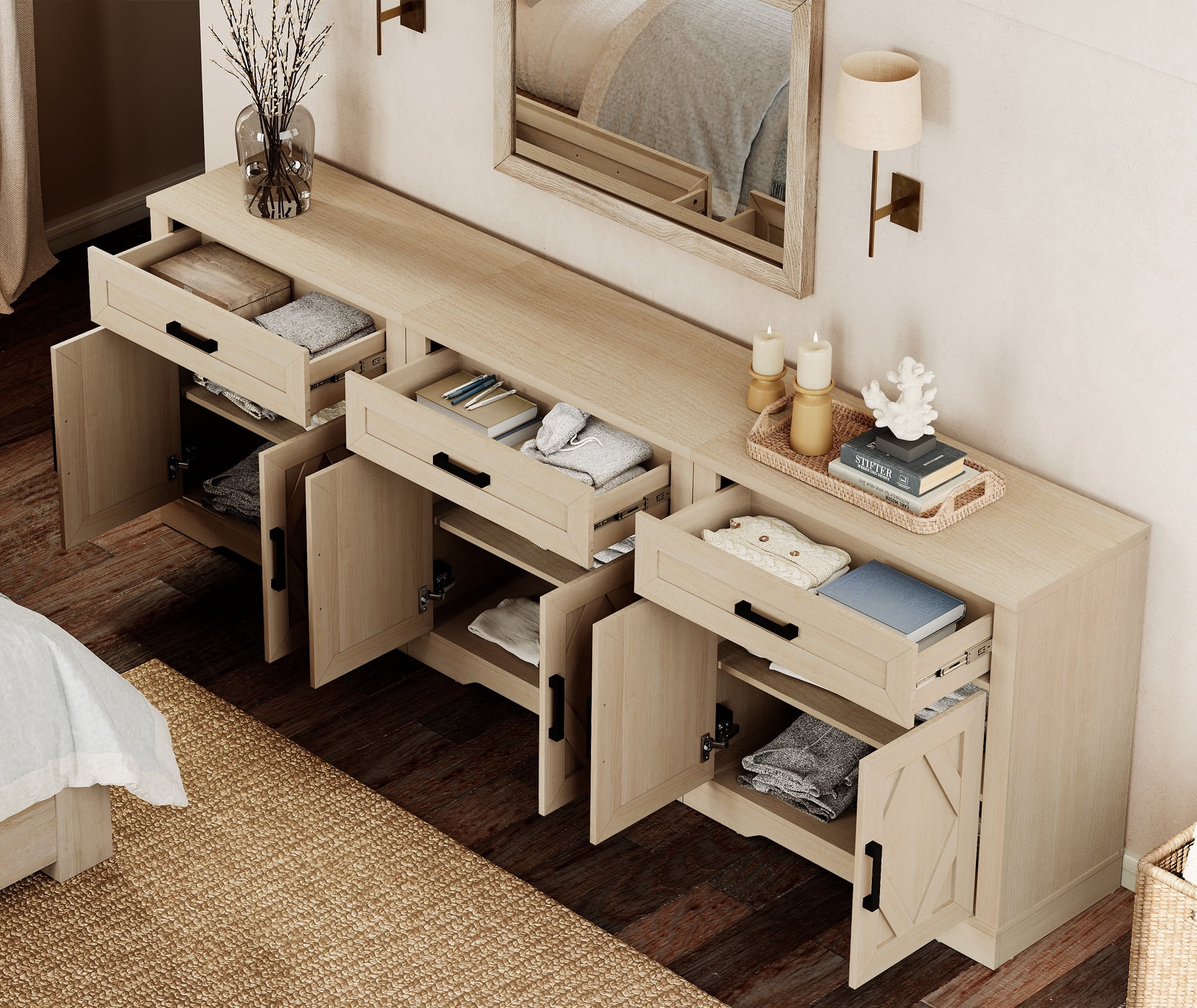 WAMPAT 94.5"W Farmhouse Buffet Sideboard with Barn Doors, Drawer & Storage, Beige