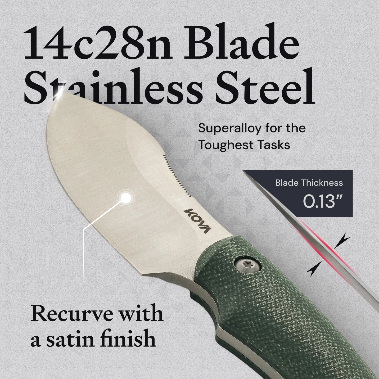 Kova Tracer Fixed-Blade Knife – 3″ Recurve Blade, Full-Tang, G10 Handle, Kydex Sheath – 6.75″ Overall – 3.6 oz
