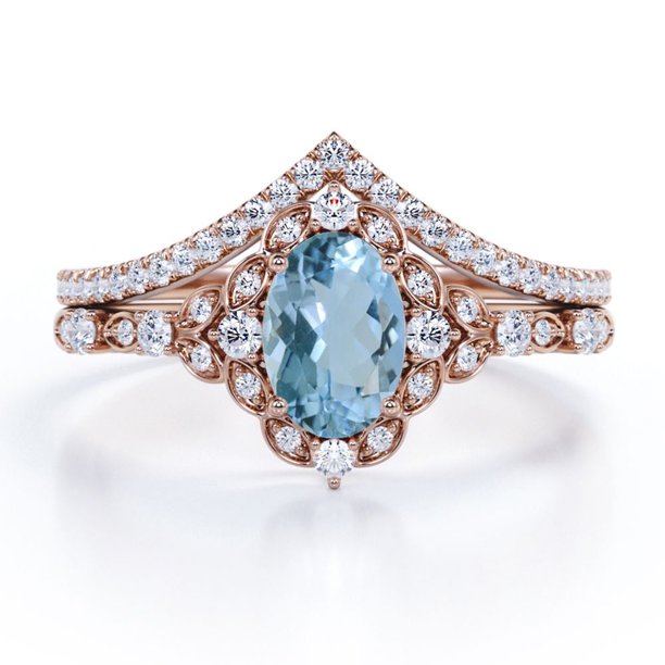 JeenMata Anillo de Bodas de 1,35 Quilates con Forma de Huevo en Forma de Chevron en Color Azul Cielo con Pavé de Moissanita y Aguamarina Engastado en Oro Rosa de 18 K sobre Plata