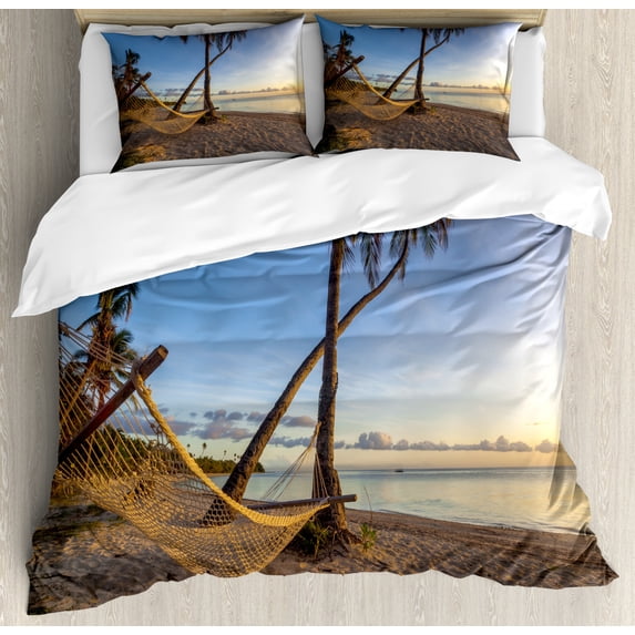 Fiji Duvet Cover Set Queen Size, Real Picturesque of a Hammock on a Beach Paradise Summer Time Travel Destination, Decorative 3 Piece Bedding Set with 2 Pillow Shams, Multicolor, by Ambesonne