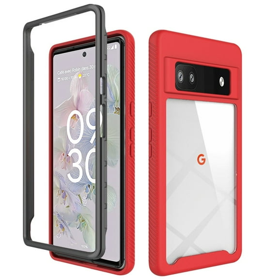 Case for Google Pixel 6A Clear Dual Layer Rugged Bumper Frame Heavy Duty Hybrid Shockproof Rubber TPU Full Body Defender Phone Cover fit Pixel 6A - Red