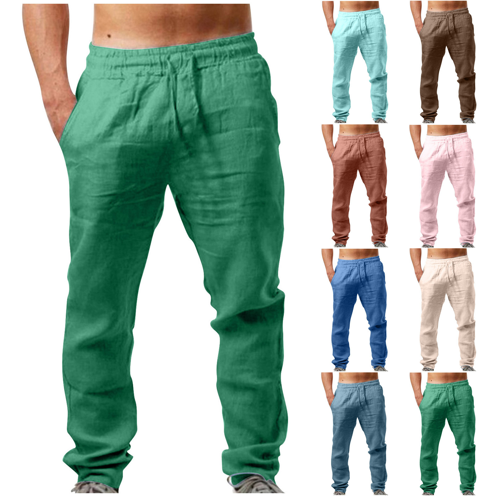 Lovskoo 2024 Men's Full Length Cotton and Linen Pants Casual Elastic ...