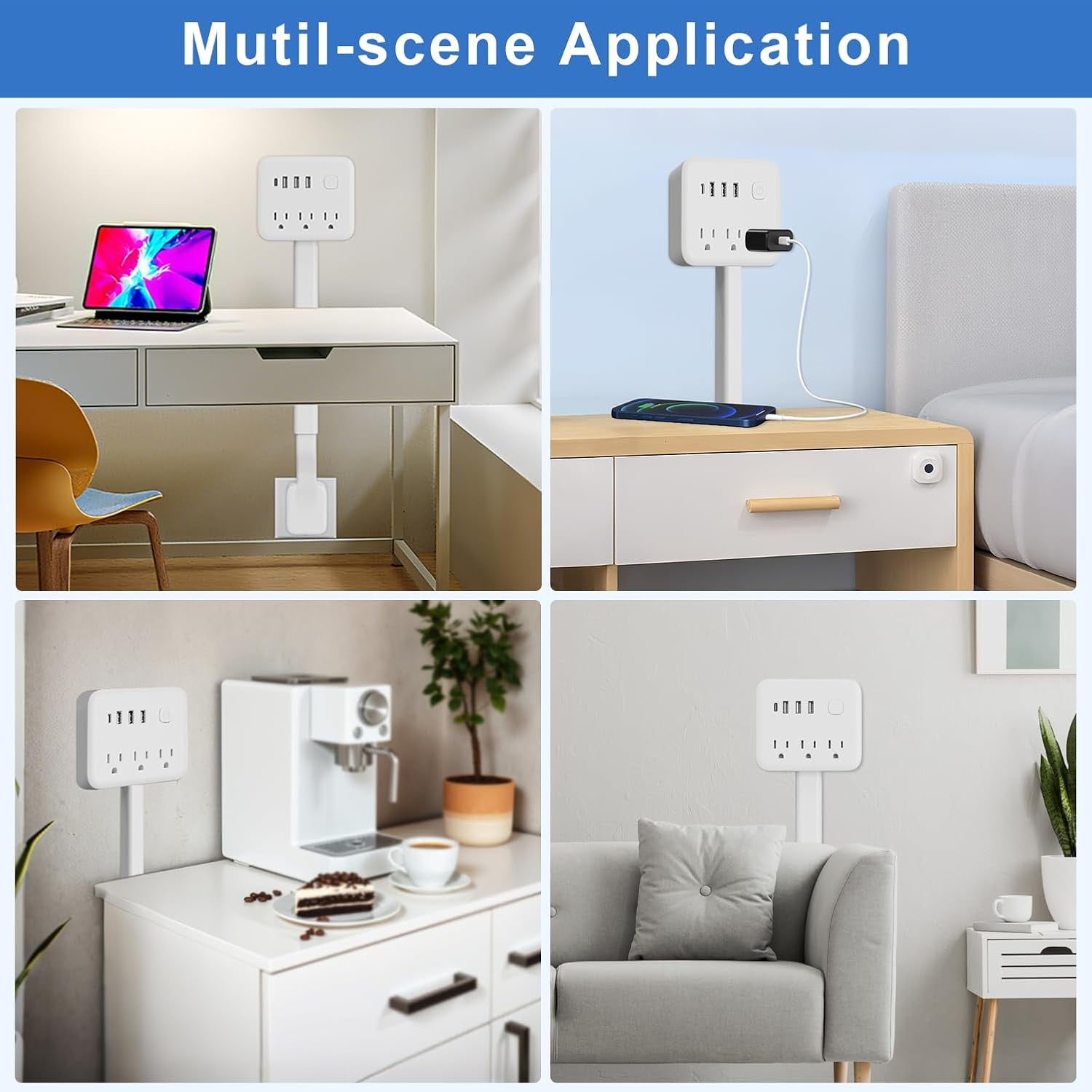 Electrical Outlet Extender Stick, 360° Rotating Surge Protector Power Strip with 3 AC and 4 USB Ports, Multi Plug Wall Outlet Splitter for Behind Couches, Nightstands, Desks, Indoor Office Home