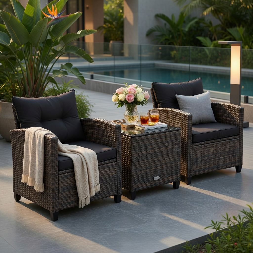 Hommoo 3-Piece Outdoor Rattan Patio Furniture Set with Cushioned Chairs & Tempered Glass Coffee Table, Black