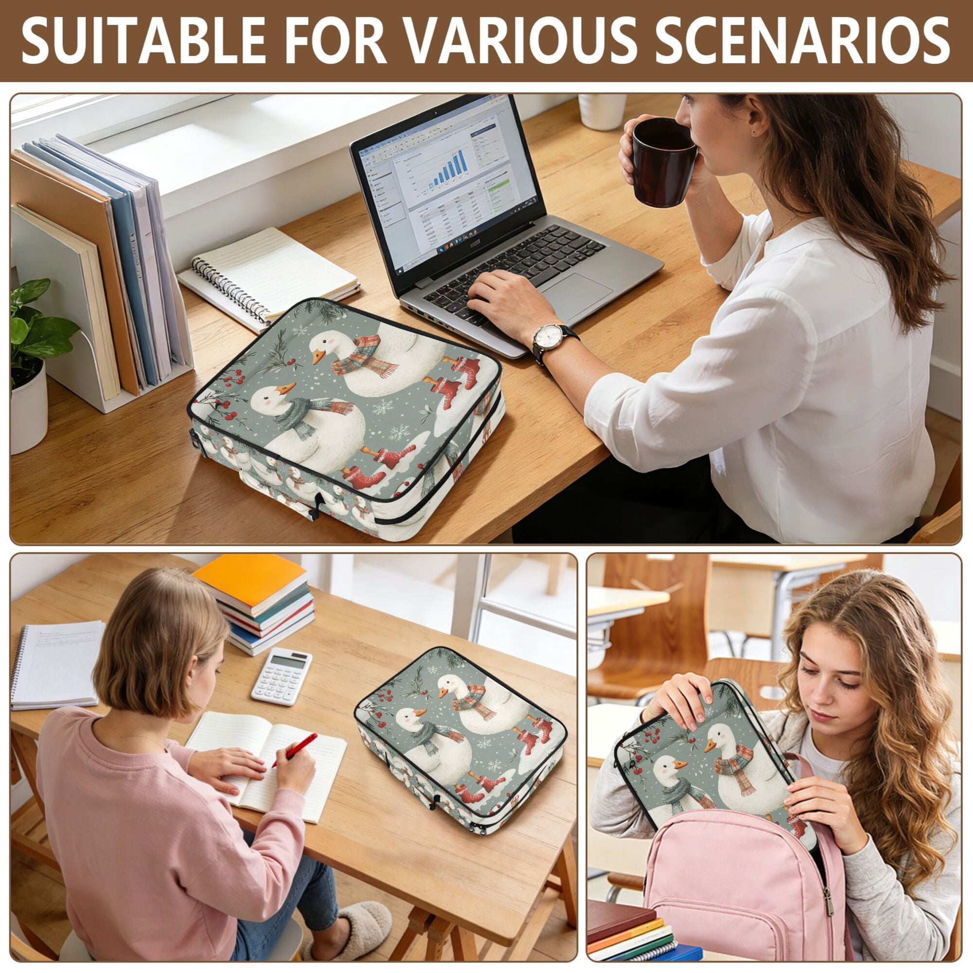 FORMRS Accordion File Folder A4 Size 7-Pocket Expanding Document Organizer Bag with 3 Ring Binder, Winter Goose Scarves