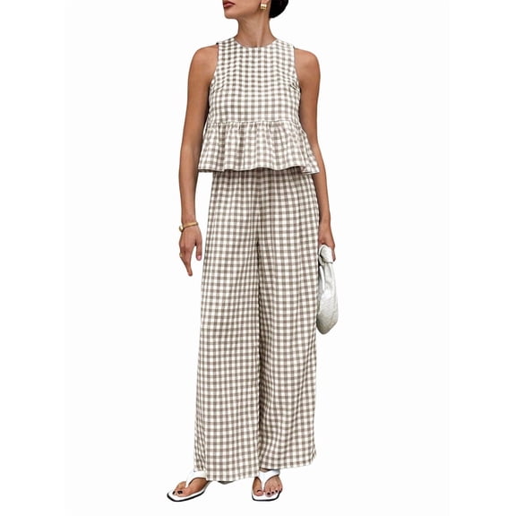 Women'S 2 Piece Gingham Set Summer Outfits Ruffle Tank Top and Wide Leg Pants Matching Lounge Set Brown S