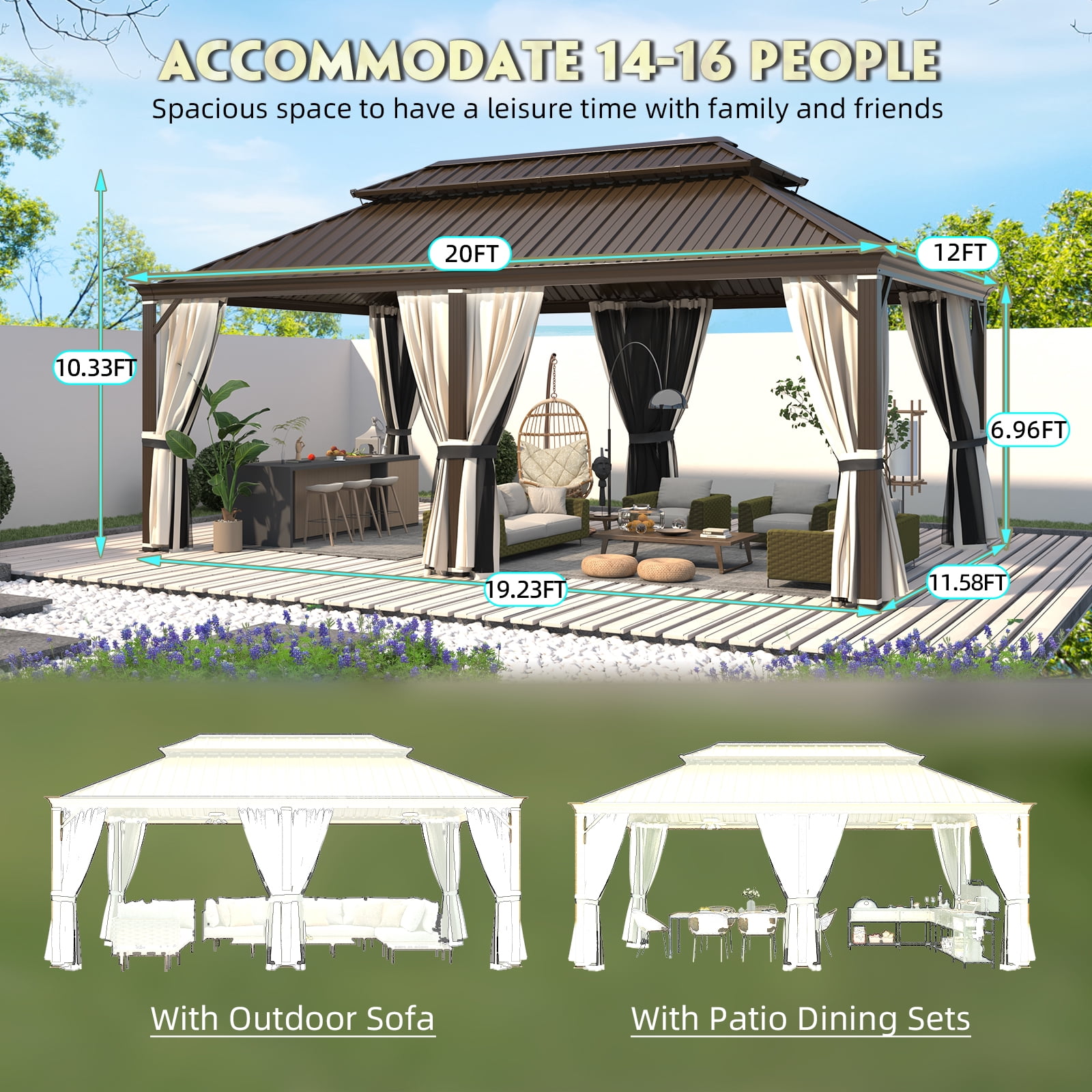Hommow 12' x 20' Hardtop Gazebo with Steel Double Roof, Anti-Rust Coating Aluminum Frame Permanent Outdoor Waterproof Pavilion