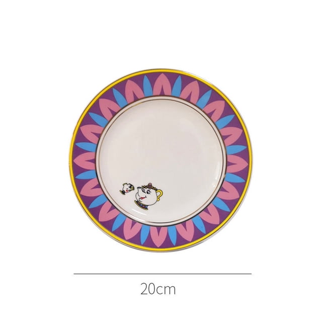 tetera dibujos animados linda la bella y la bestia cafeteras taza sra. potts chip taza taza de té ollas un juego de té droshipping regalo Plato de postre 20cm, vista frontal centrada de un plato de cerámica de 20 cm con borde geométrico en morado, rosa y azul y ribete amarillo; centro blanco con pequeña ilustración de la Sra. Potts y Chip en estilo animado, adecuado para juego de té temático.