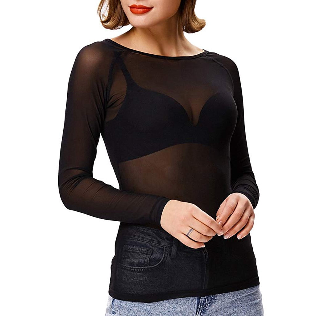 Lady Sheer Plus Size Long Sleeve Seamless Slim Arm Shaper Top Mesh Shirt Blouses 