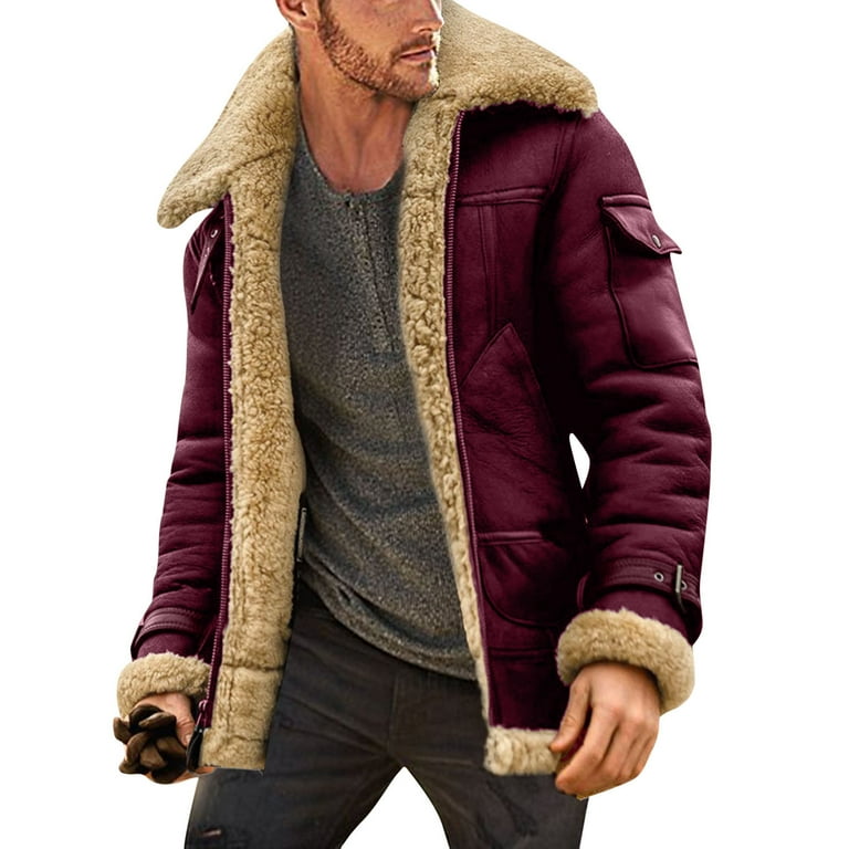 TAIAOJING Men s Winter Flannel Coat Plus Size Fur Lapel Collar Long Sleeve Padded Leather Jacket Vintage Style Thicken Coat Sheepskin Cashmere Jackets Winter Coat Walmart