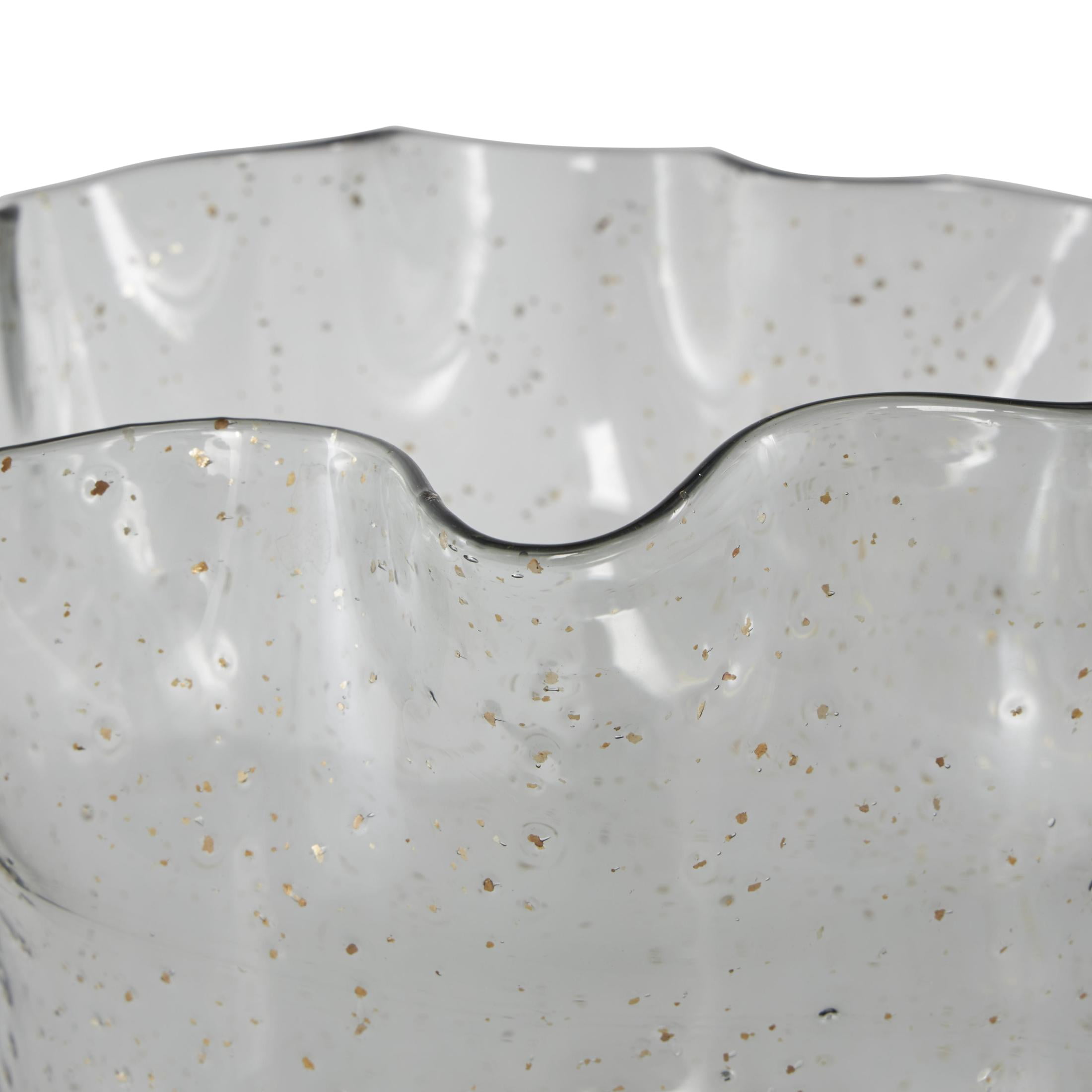DecMode 11" Floral Tulip Inspired Wide Black Glass Vase with Wavy Opening and Gold Speckles