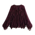 thumbnail image 3 of Women’s Tiered V Neck Blouse Oversized Loose Fit Top Cute Ruffled Long Sleeve Shirt Blouse 2025 Going Out Outfits, 3 of 8