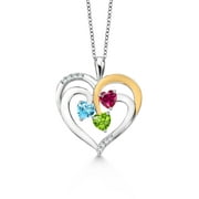 Gem Stone King 925 Two-Tone Sterling Silver and White Swiss Blue Topaz Red Created Ruby and Green Peridot Pendant Necklace Set with Moissanite For Women (1.65 Cttw, Heart Shape 5MM, 18 inch Chain)