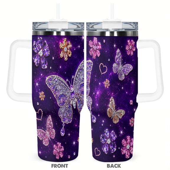 40oz Purple Butterfly Travel Tumbler with Handle Sparkling Crystal Butterfly Insulated Car Cup Gift for Women Stainless Steel Coffee Cup with Straw Lid