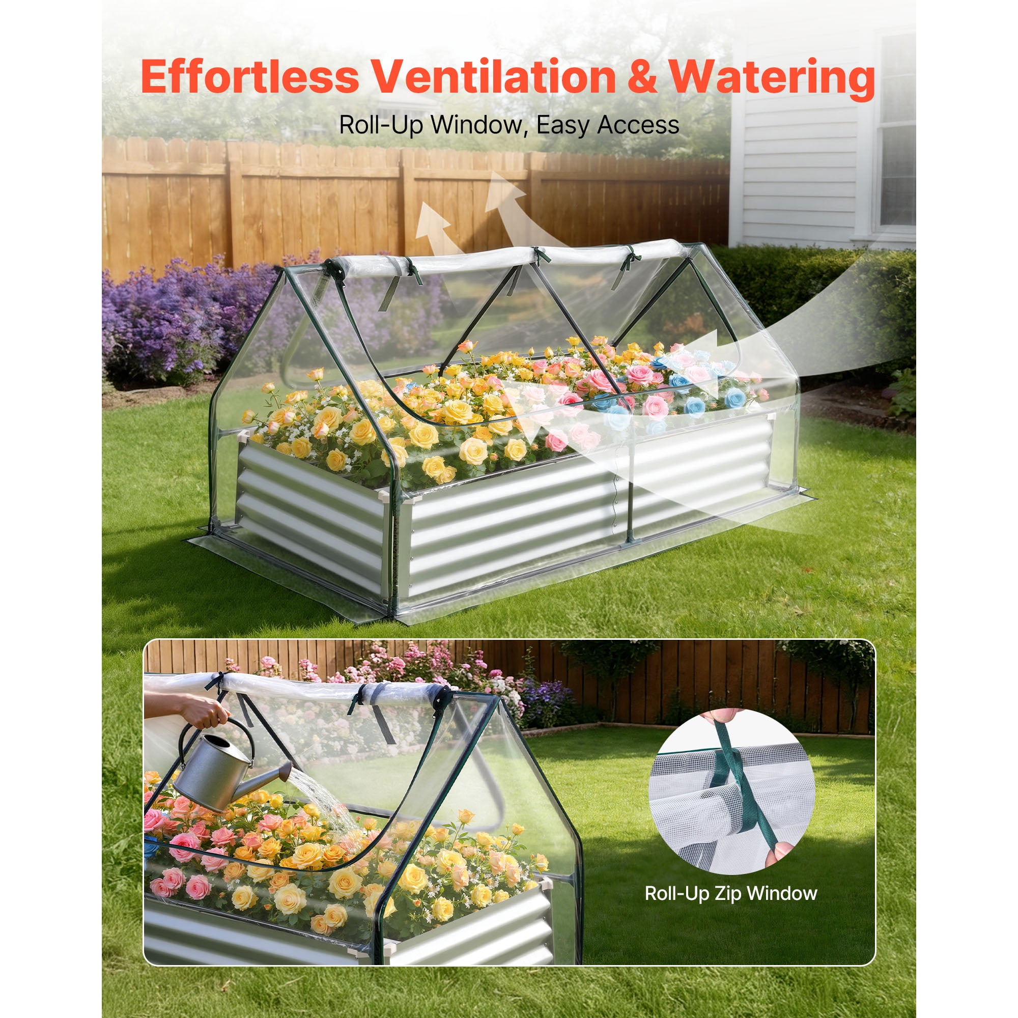 KFFKFF Rectangular Raised Garden Bed with Cover, 6 x 3 x 1 ft, Galvanized Metal Planter Box Kit for Outdoor Use, Includes PE Greenhouse Cover & Gloves, Rust-Resistant Alu-Zinc Material, Silver