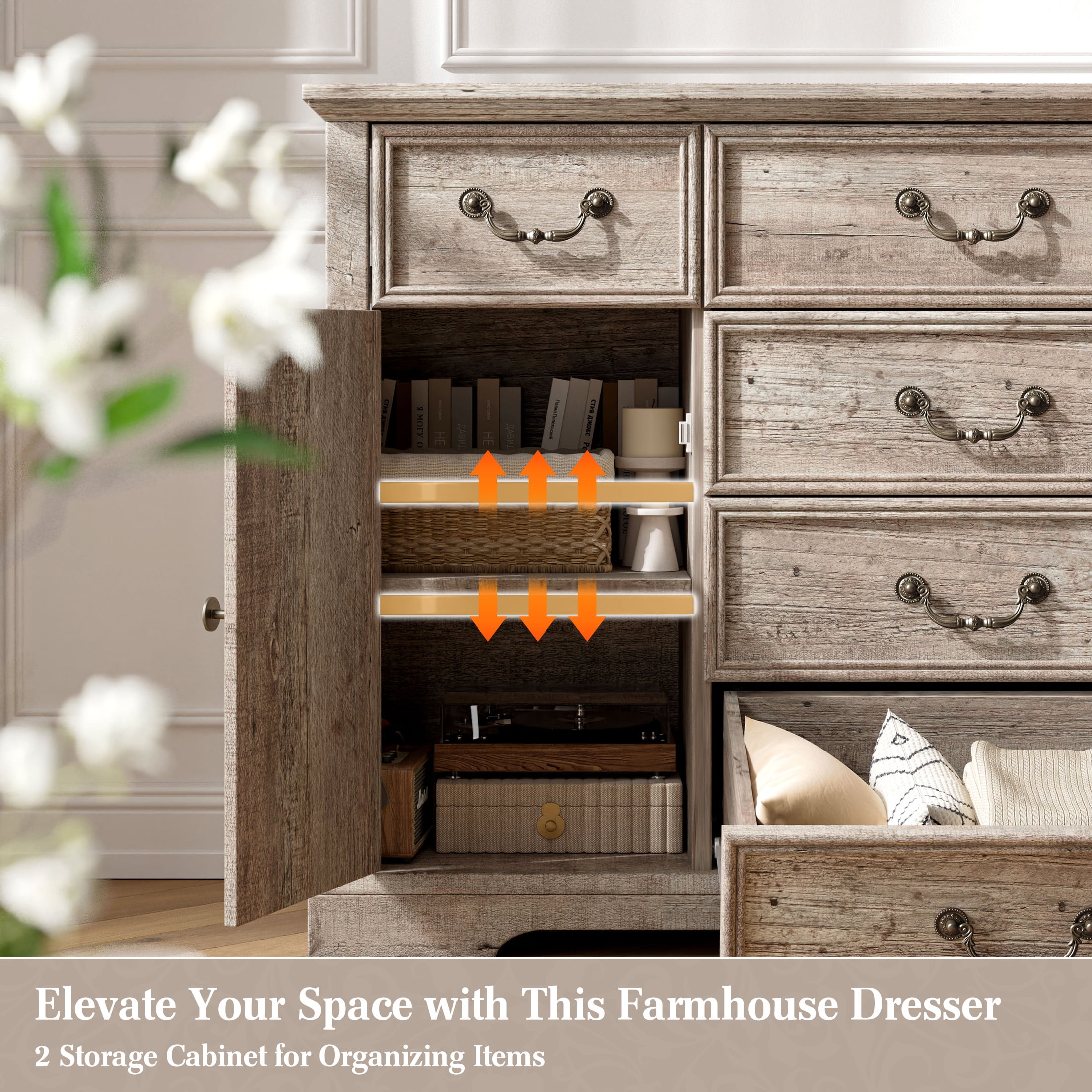 EnHomee 6 Drawers Dresser with Barn Door,Wooden Dresser for Bedroom,Rustic Chest of Drawers for Living Room Entryway Hallway,47.2" Wx33.5 H x15.7 D,Rustic Oak