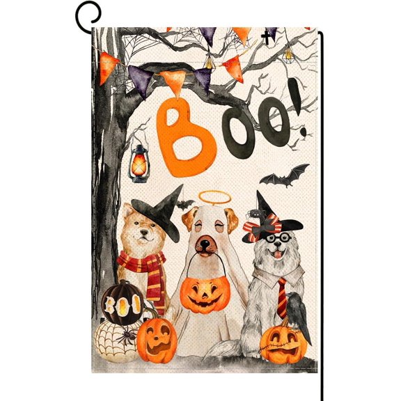 Halloween Boo Garden Flag Vertical Double Sided,Scary Pumpkin Ghost Spooky Dog 12.5 x 18 Inch Burlap Welcome Yard Flag for Halloween Farmhouse Holiday Yard Outdoor Decoration