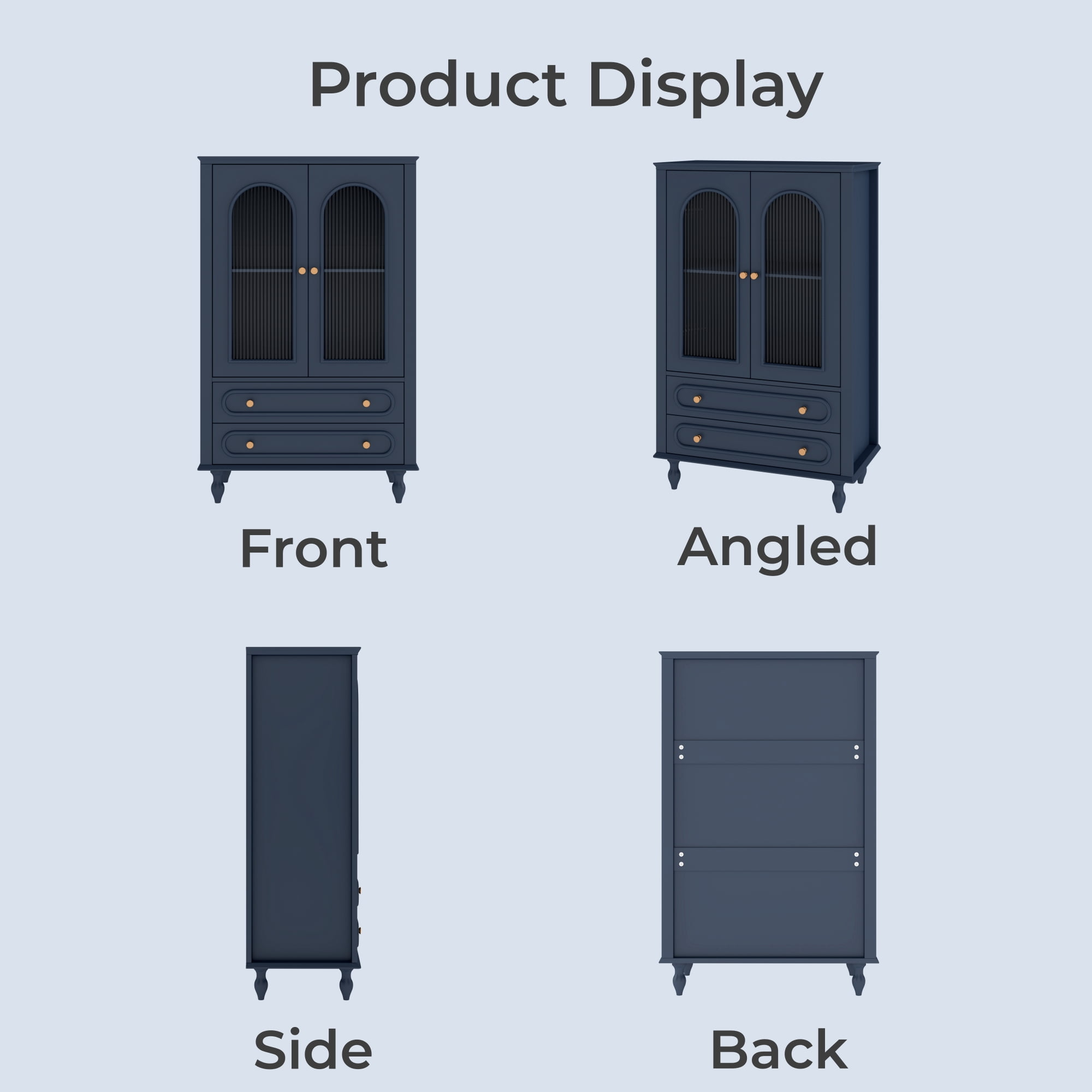 Glass Display Cabinet 46.5-Inch with Ribbed Glass Doors and 2 Drawers, Wooden Curio Cabinet and Buffet Sideboard for Living Room Dining Room, Navy Blue